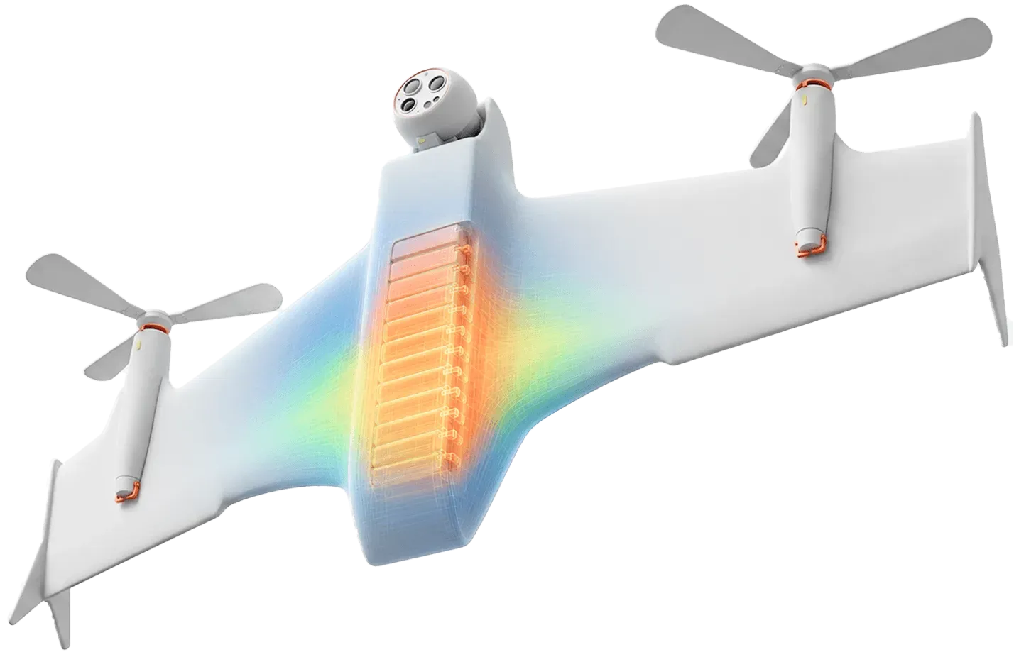 Tilt-rotor drone render with battery cells built into the fuselage, shown with a heat map
