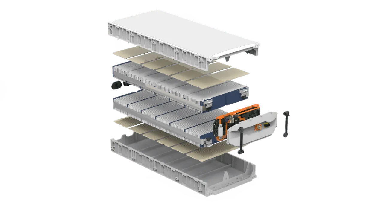 Exploded Magnus pack with silicon-anode cells