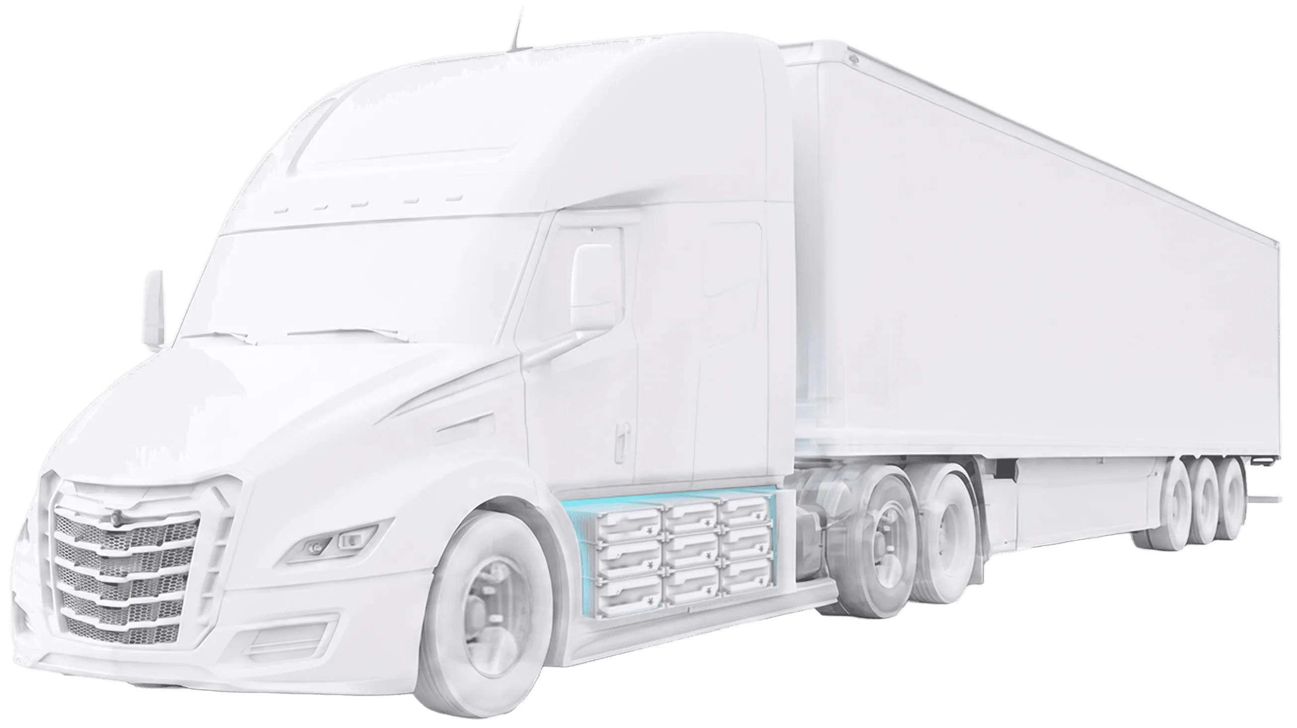 Semi truck render with Magnus battery packs along the frame